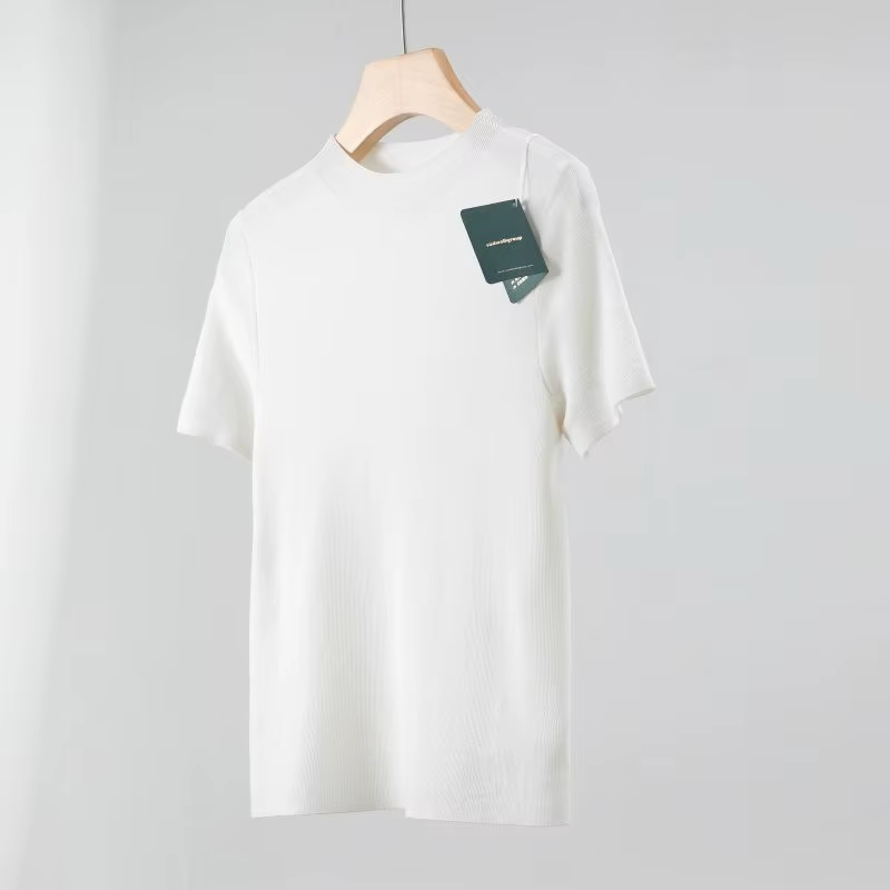 T-shirt en laine mérinos superfine 100% filé fin Yangtze allemand 120's, col semi-montant, tricoté à