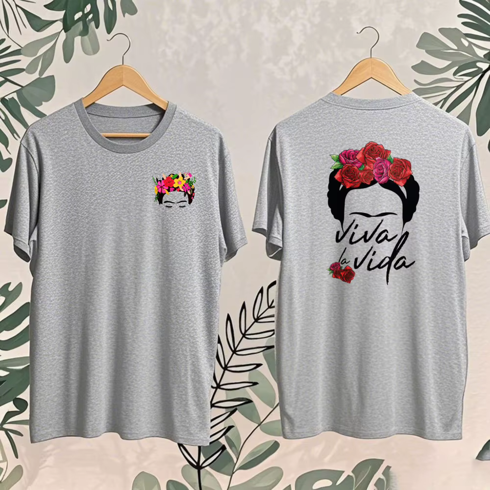 T-shirt vintage Frida Kahlo avec motif de fleurs et de cactus, unisexe, col rond, décontracté, manch