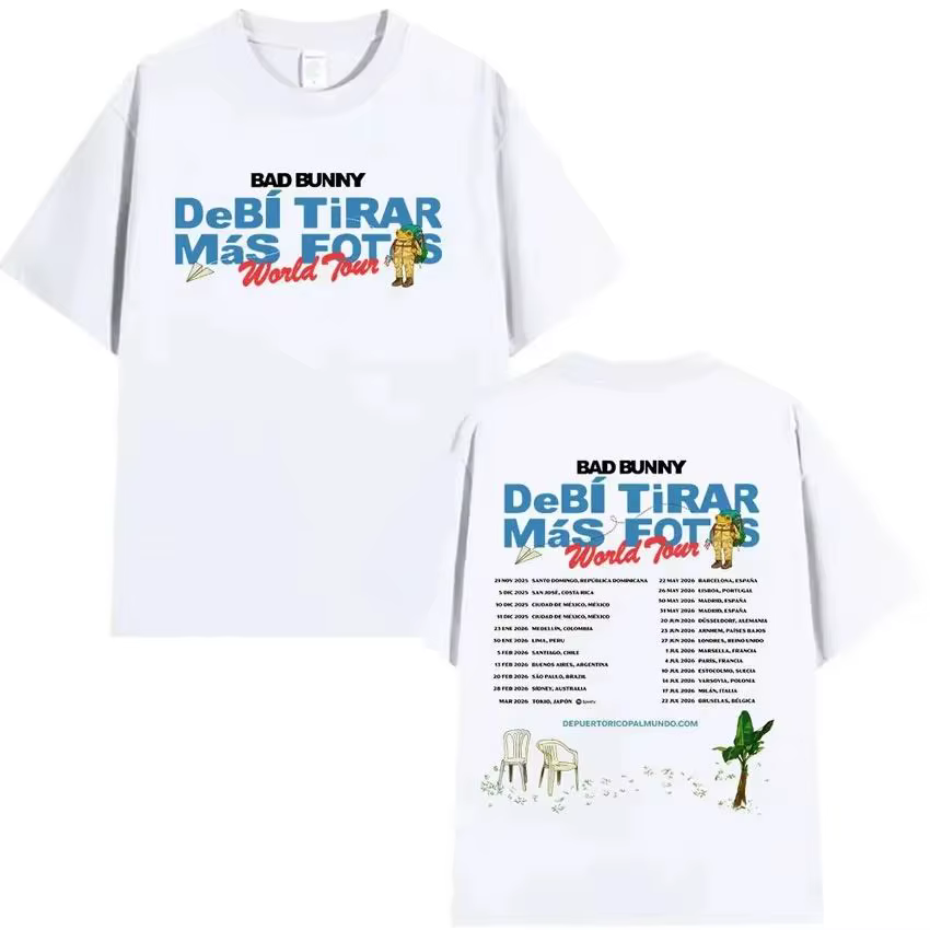 T-shirt Bad Bunny Tour Vintage Délavé Oversize Streetwear Homme Femme Été Coton Manches Courtes Merc