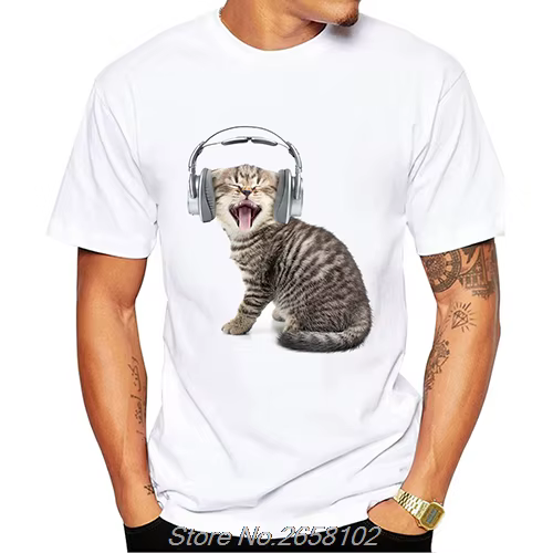T-shirt manches courtes pour hommes, Streetwear, Harajuku, à la mode, avec chat mignon et écouteurs
