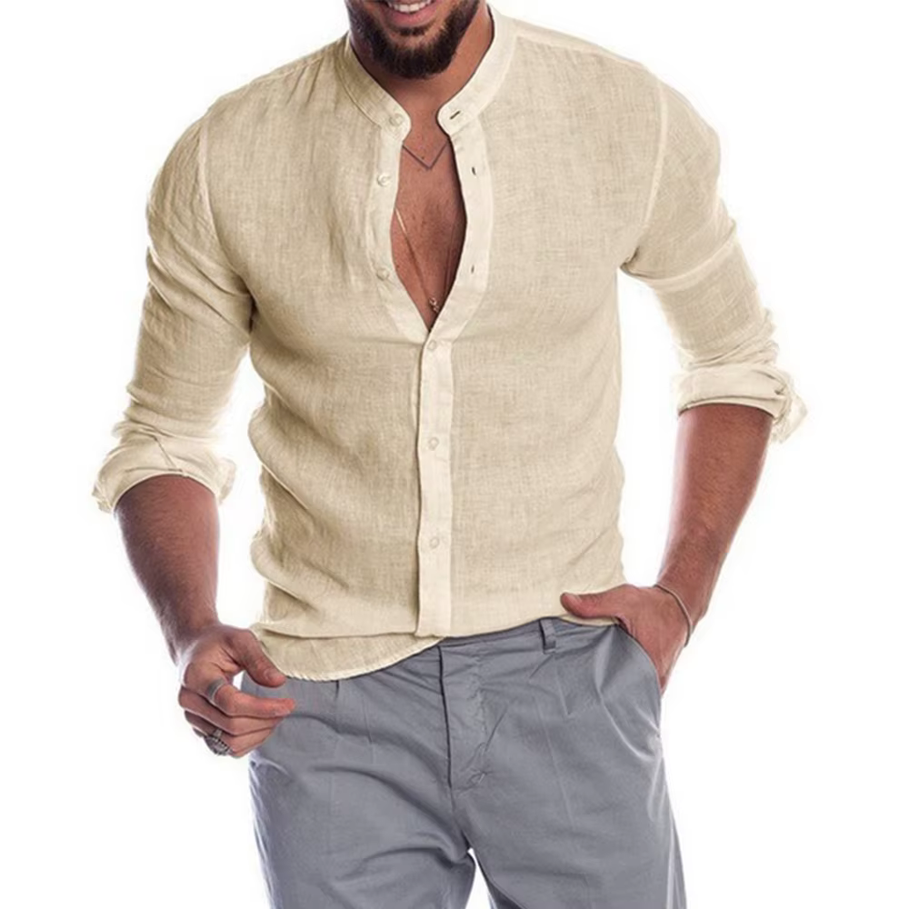 Chemises à manches longues pour hommes, en coton et lin, couleur unie, col montant, décontracté, Sty