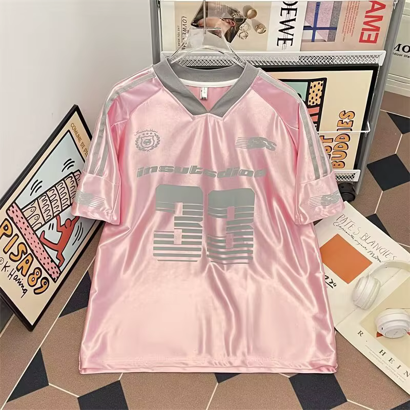 T-shirt de baseball à imprimé numérique coupe ample, col en V, manches courtes, unisexe, streetwear 