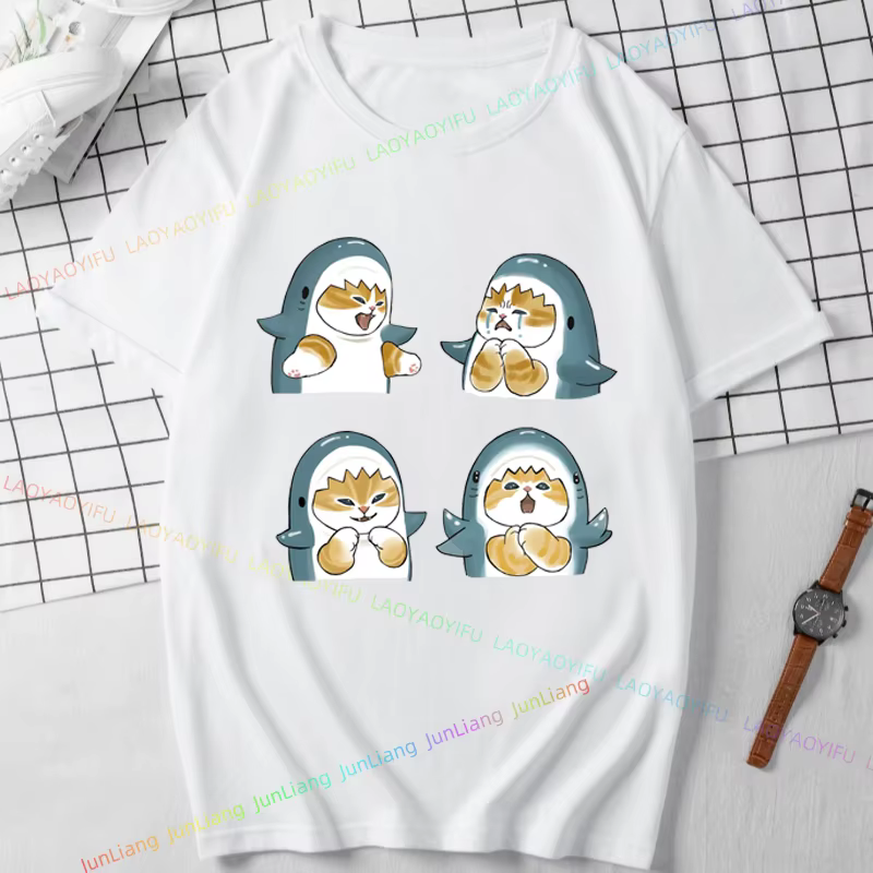 T-shirt unisexe imprimé chat et requin Kawaii pour hommes et femmes, Streetwear de style coréen, Éco