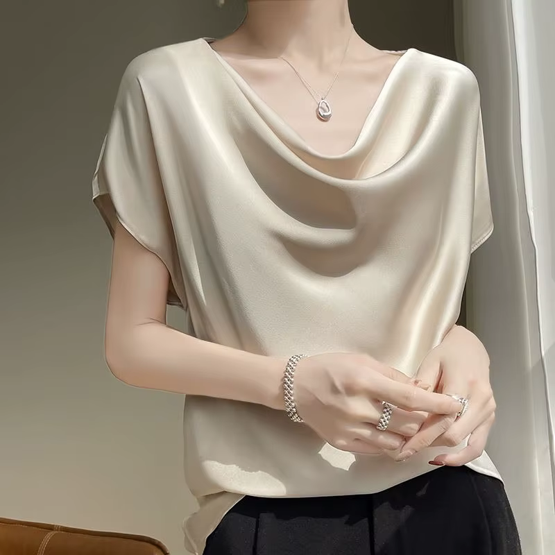 T-shirt en satin de soie pour femme, style français, printemps-été, minimaliste, élégant, à manches 