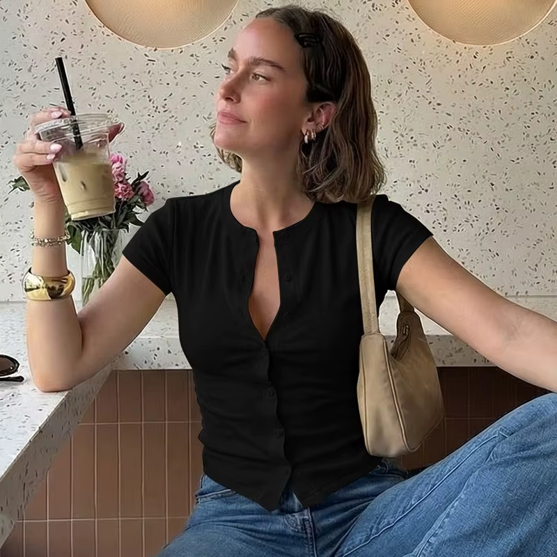 Cardigan T-shirt Femme Été Minimaliste Manches Courtes Col Rond Uni Coupe Ajustée Boutons Devant Déc