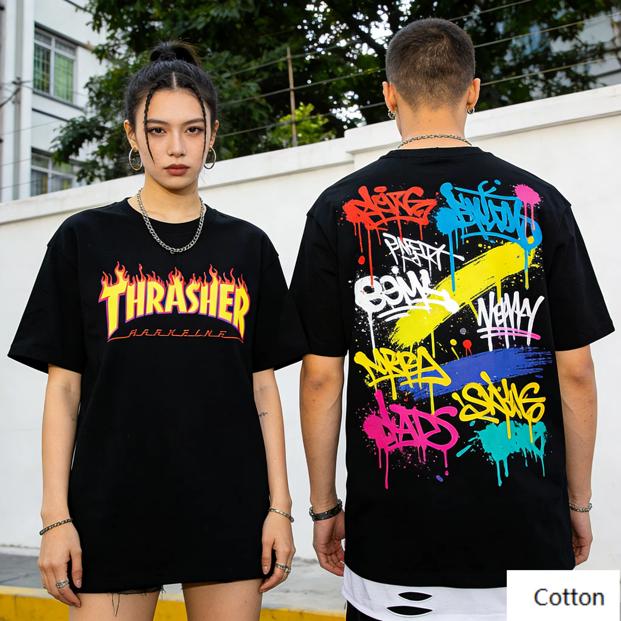 T-shirt officiel avec logo Flame, tee-shirt rétro streetwear en pur coton, haut unisexe avec imprimé
