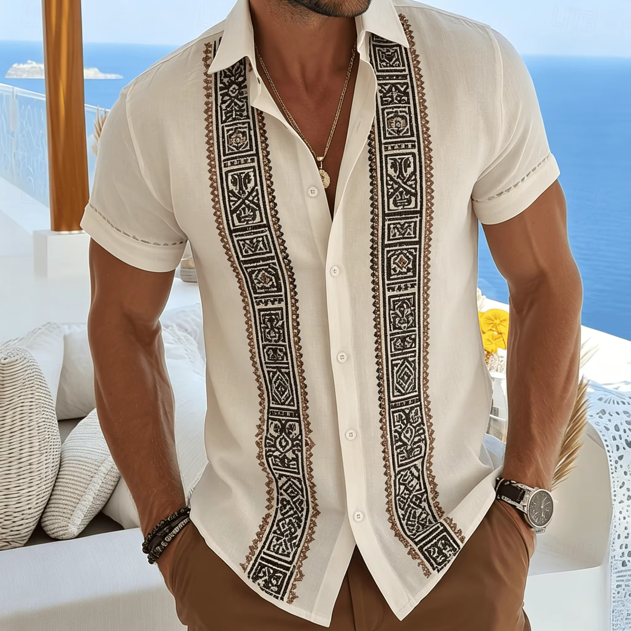 Chemise à imprimé géométrique ethnique pour homme, blanche, style bohème décontracté, manches courte