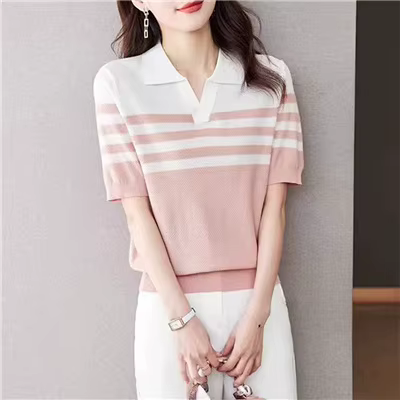 T-shirt à col polo pour femme, nouvelle collection été, 100% coton tricoté, manches courtes, chemise