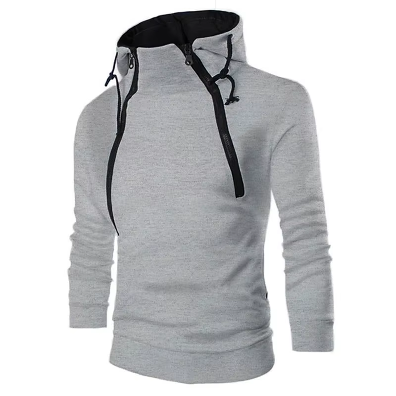 Sweat à capuche à manches longues pour homme, pull à col haut avec fermeture éclair, manteau noir