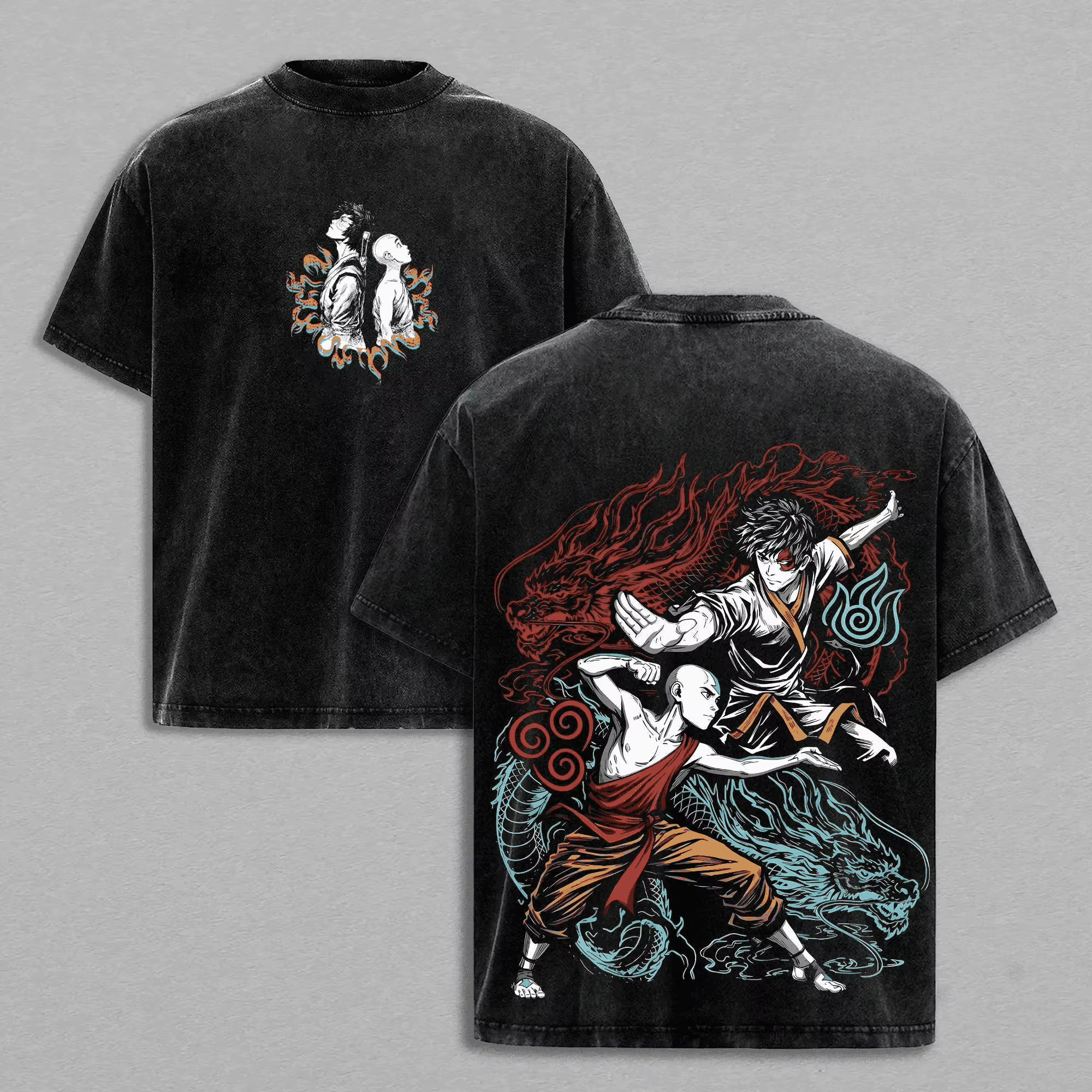 T-shirt imprimé Aang de l'anime Avatar: The Last Airbender, t-shirt lavé, à manches courtes, en pur 