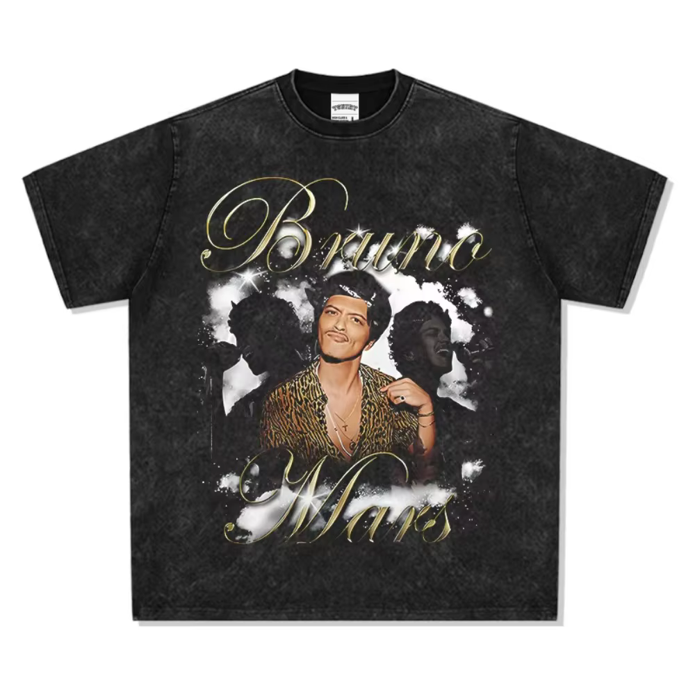T-shirt imprimé vintage style streetwear américain Bruno Mars 2026, en coton, col rond, manches cour