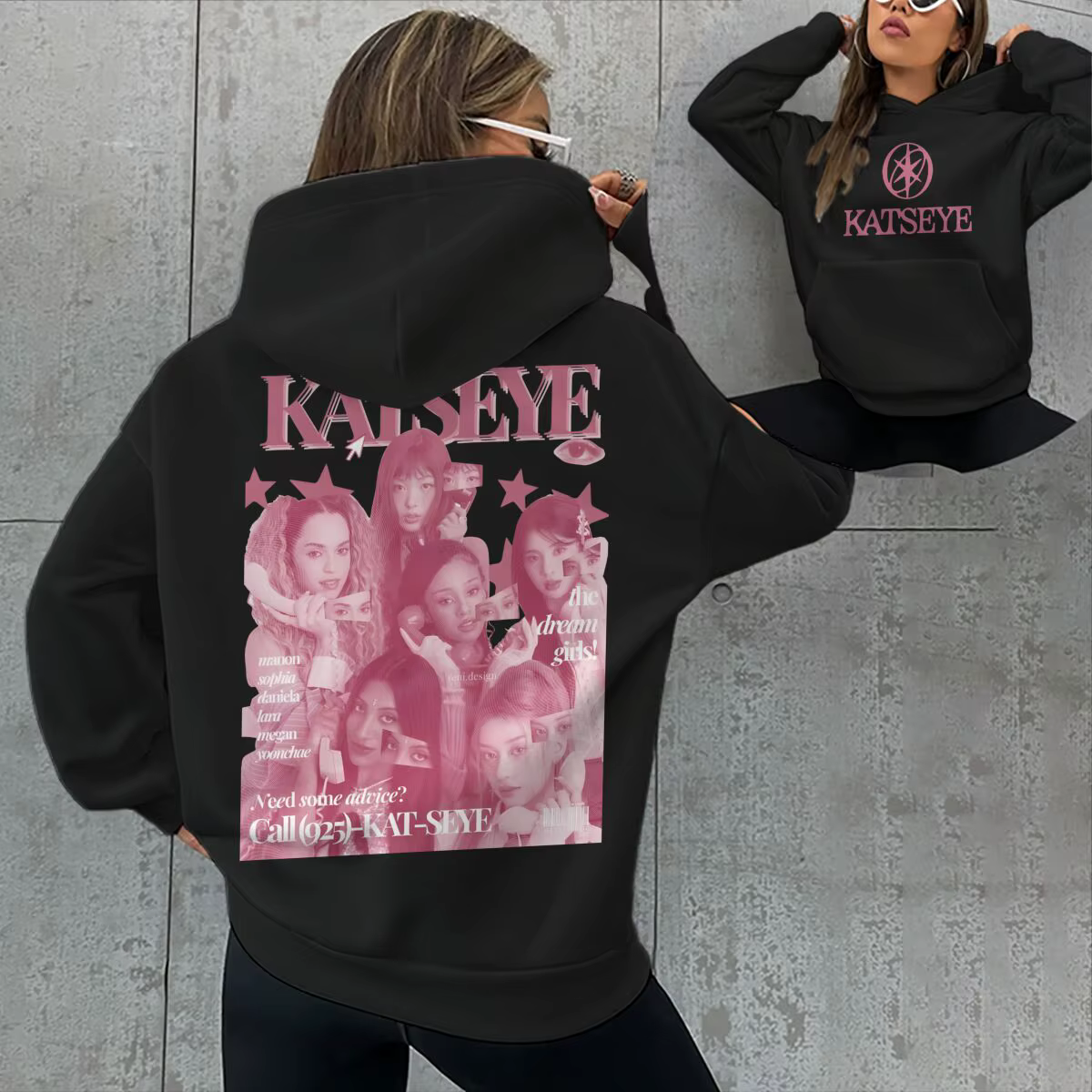 Sweat à capuche rose pour femme avec imprimé Katseye, poches, style hip-hop, cadeau pour les amateur