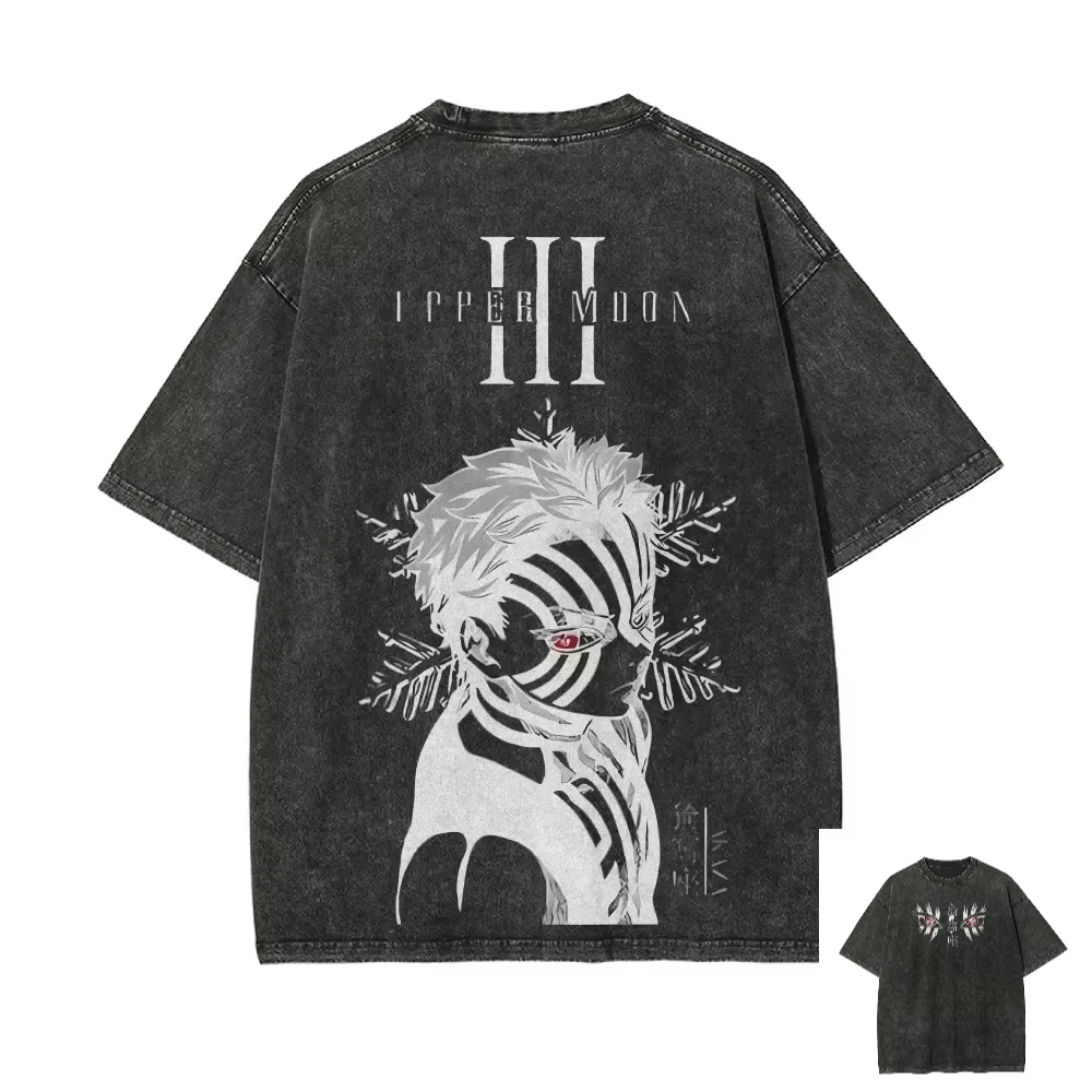 T-shirt vintage Demon Slayer 2026 Akaza en coton vieilli, coupe oversize confortable pour hommes et 