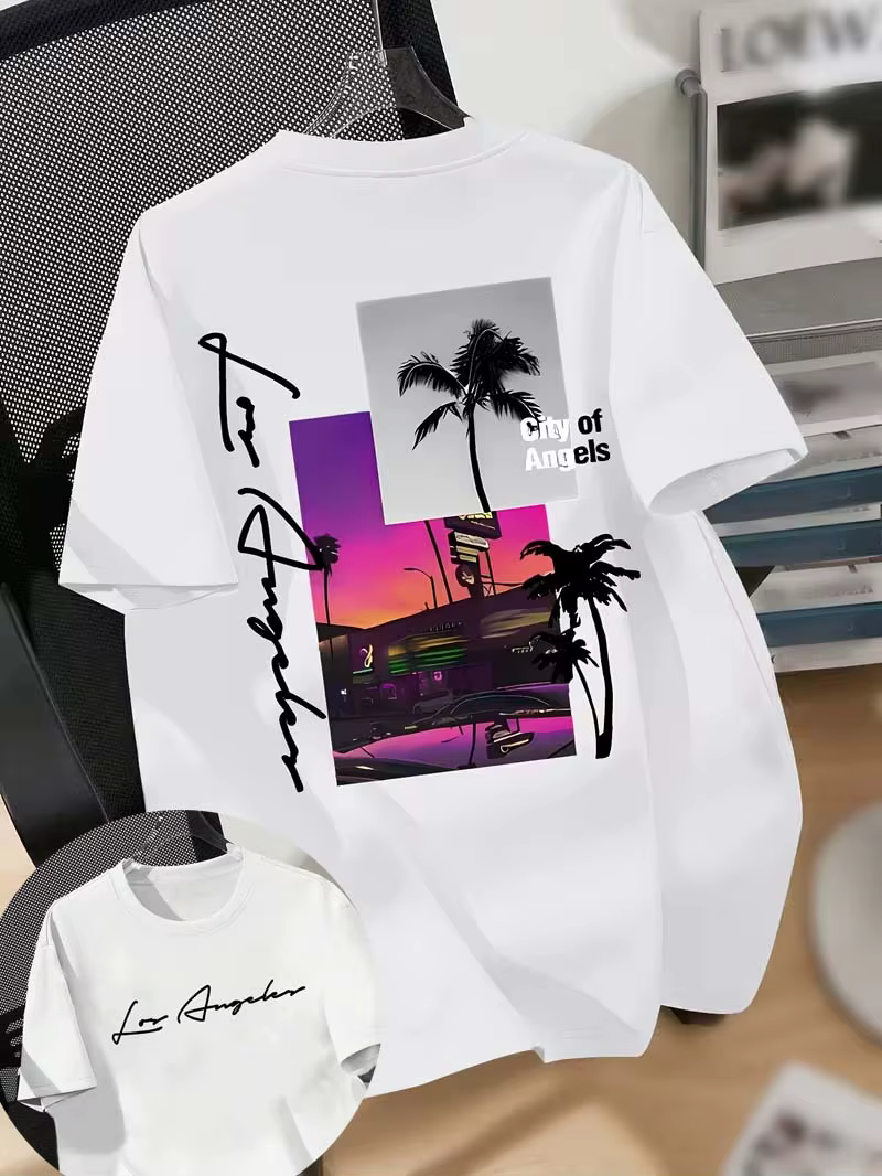 T-shirt graphique néon Palm Tree Los Angeles, haut décontracté à manches courtes et col rond pour ho