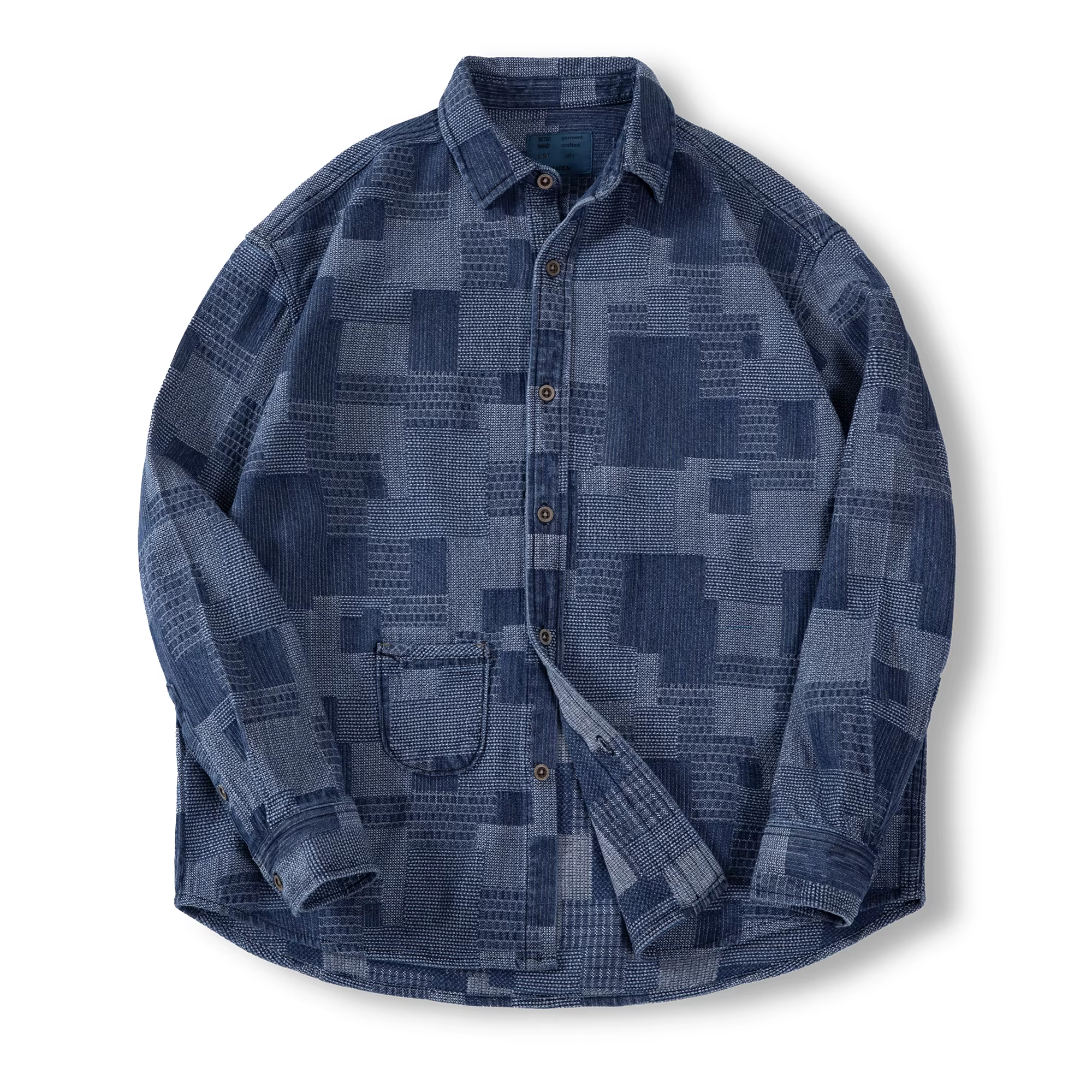 Maden Chemises en Denim Rétro Boro avec Col en Lapel et Design Patchwork Chemise à Manches Longues p