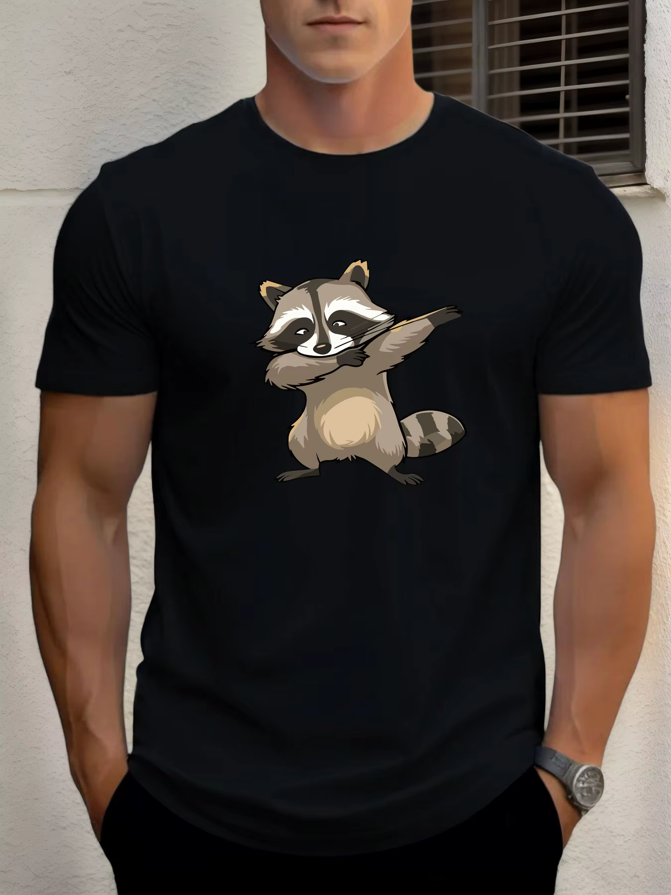 T-shirt pour hommes raton laveur 100 % coton imprimé graphique été col rond t-shirt décontracté resp