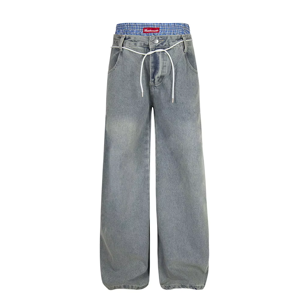 Jean Double taille pour hommes, avec ceinture, rétro, ample, droit, jambes larges, pantalon en Denim