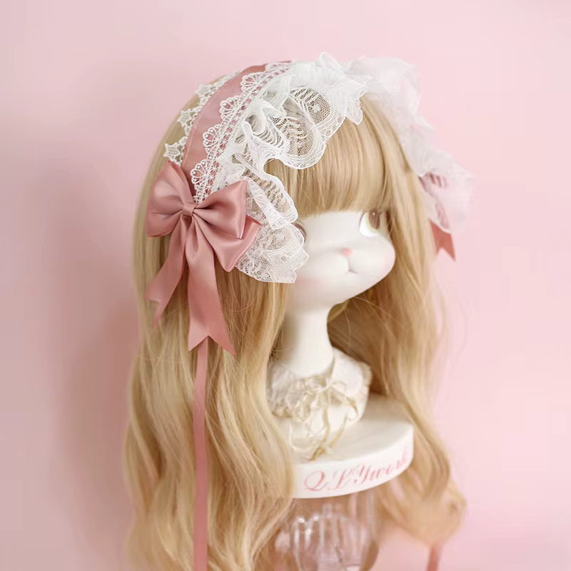 Bandeau lolita, accessoires pour cheveux, bandeau en dentelle douce, nœud en ruban foncé KC