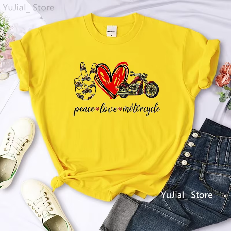 T-shirt imprimé graphique Peace Love Motorcycle pour filles, rose cool, vert, gris, jaune, mode esti