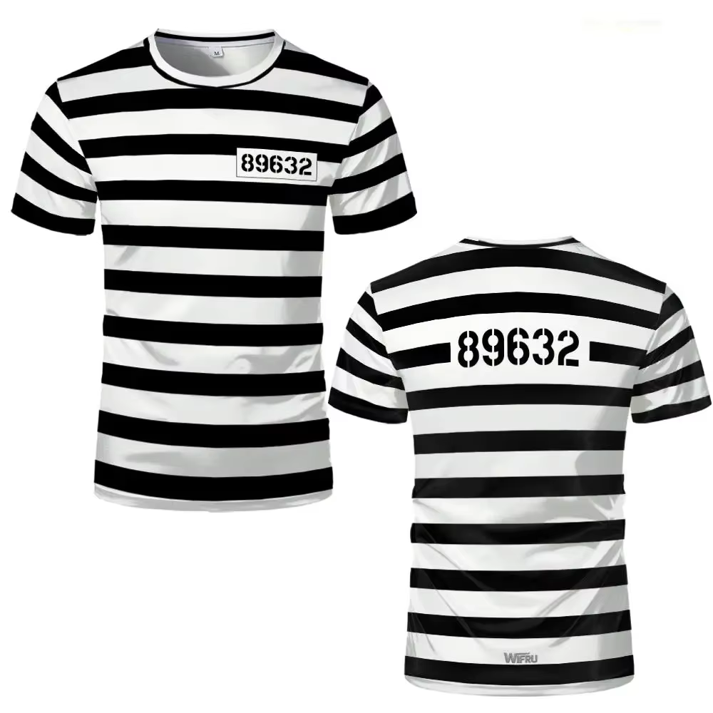 Nouveau T-shirt rayé Prisonnier 2026 Noir et Blanc Thème Prison Amusant et Original Manches Courtes 