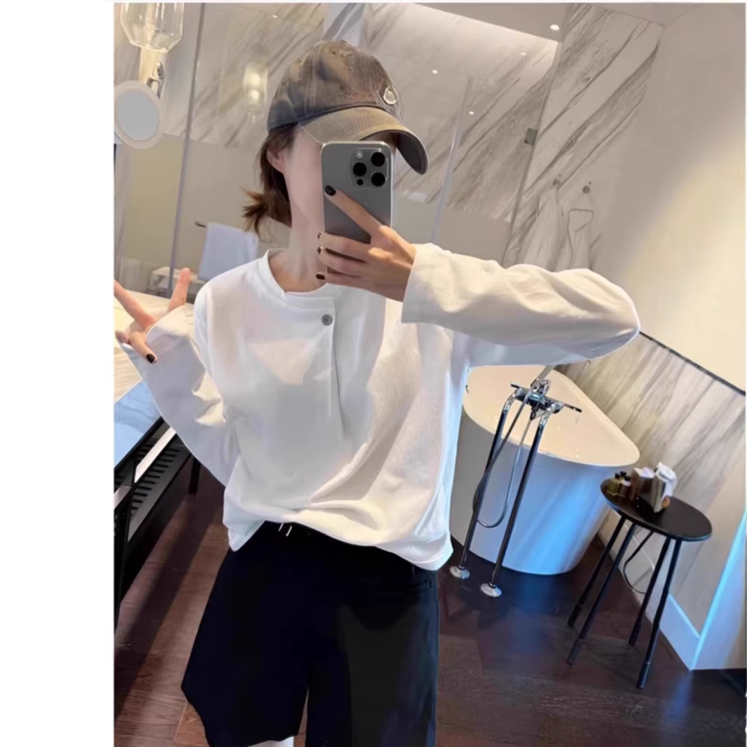 T-Shirt blanc à manches longues pour femmes, épaules droites, en coton, ample, polyvalent, paresseux