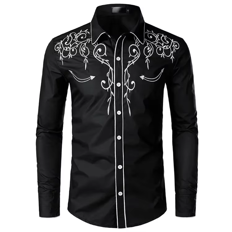 Chemise brodée pour homme 2026, style western, pour club, soirée, mariage, à manches longues, col à 