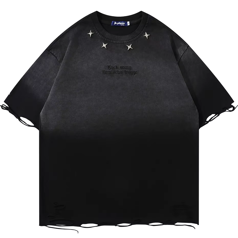 T-shirt Homme Vintage Déchiré Effet Vieilli avec Broderie Étoile Métallique, Coupe Ample, Style Hara