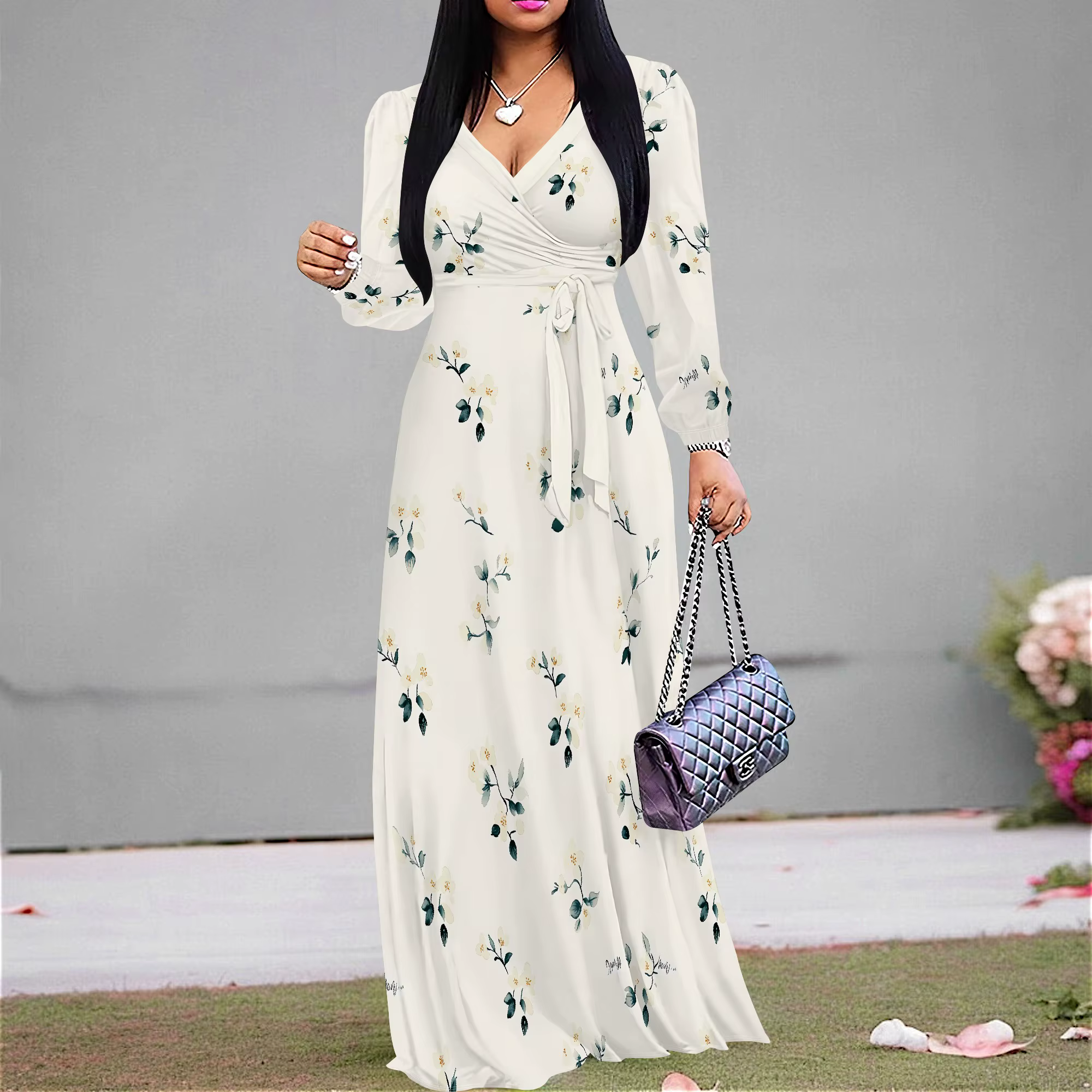 Robe longue tendance pour femmes, col en v, manches longues, robe de plage d'été avec ceinture, 2025