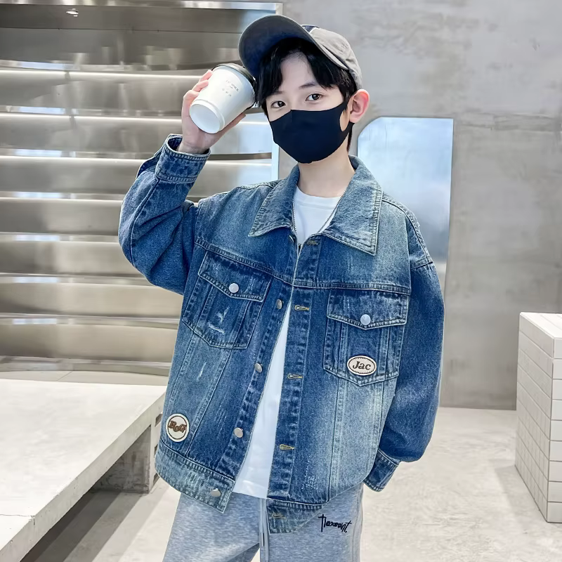 Enfants vêtements de luxe noir bleu veste en jean pour adolescent garçon printemps automne déchiré v