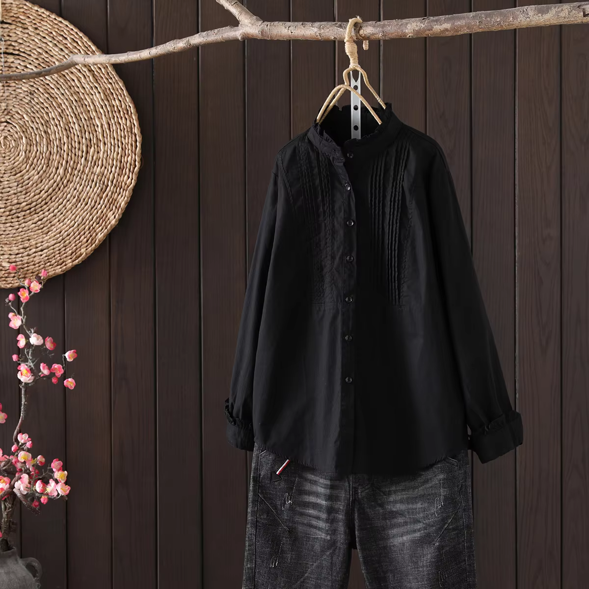 Blusas Mujer De Moda col montant Blouse femmes à manches longues coton plissé Blouse chemise haut po