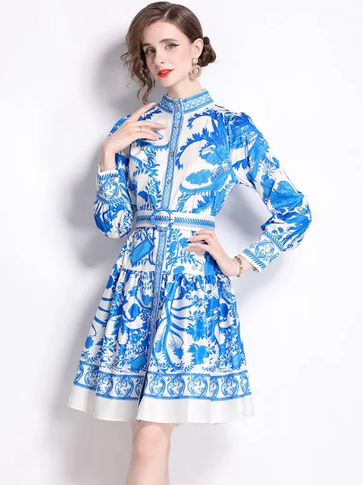 Robe à col montant pour femmes, manches longues lanterne, boutons, ceinture, piste d'automne, Robe i