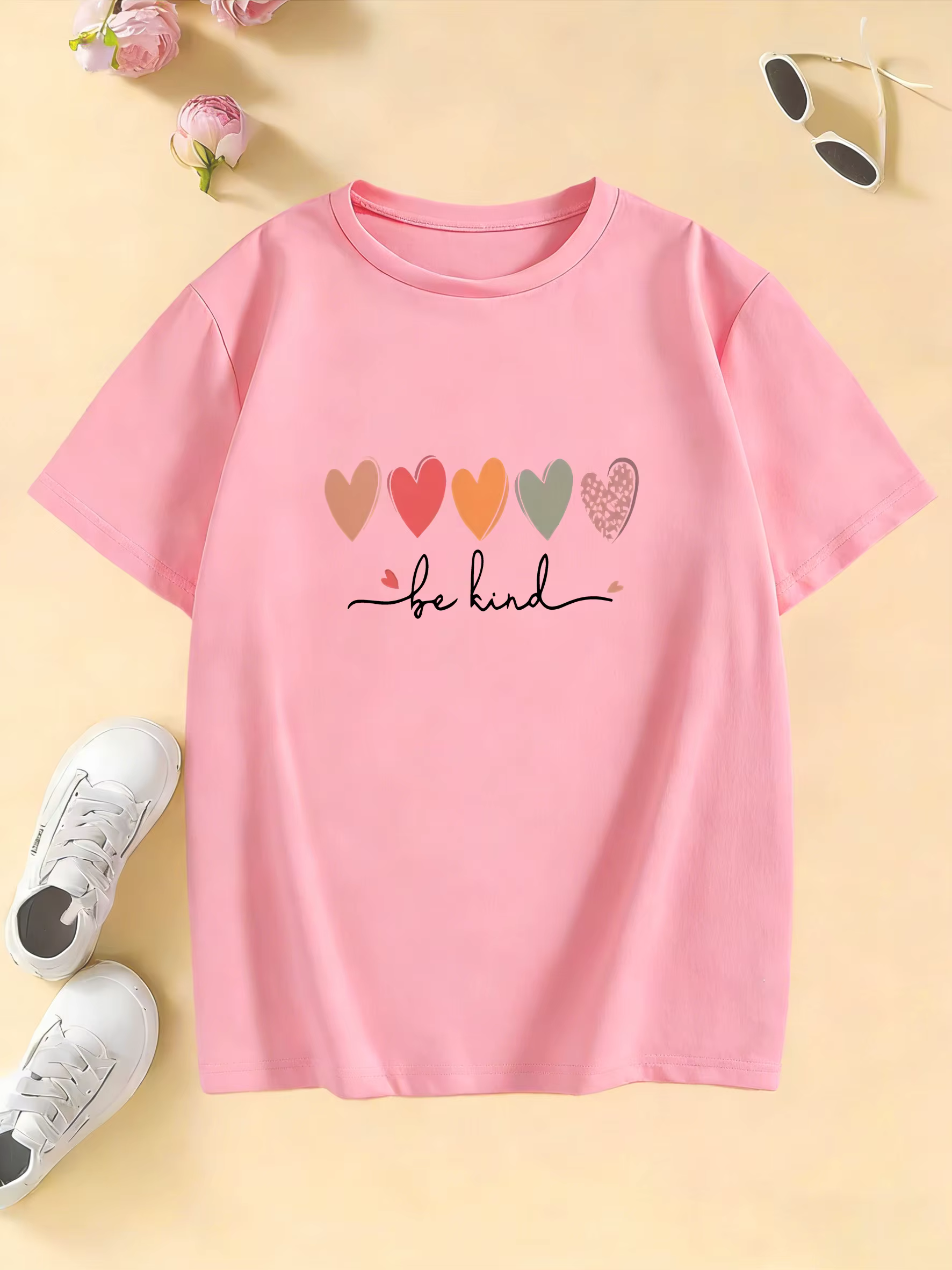 T-shirts colorés à manches courtes pour enfants, garçons et filles, motif cœur d'amour, décontractés