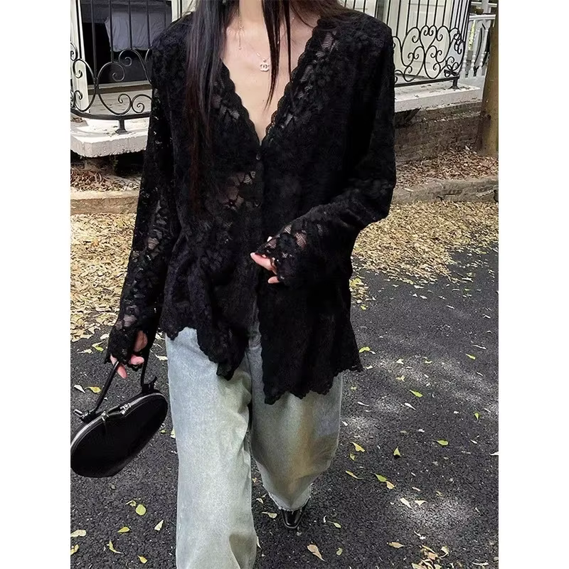Vintage été dentelle Blouses femmes voir à travers pure à manches longues chemises de soleil Style c