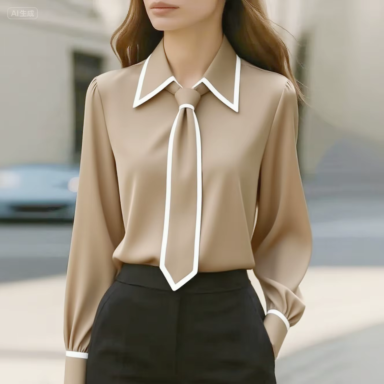 Chemisier pour femmes, chemise à la mode, nœud papillon formel, manches longues, garniture contrasté