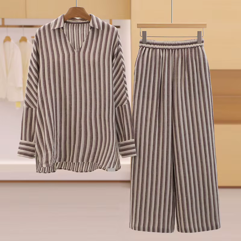 Ensemble deux pièces SuperAen style décontracté : chemise rayée ample et pantalon droit – Collection