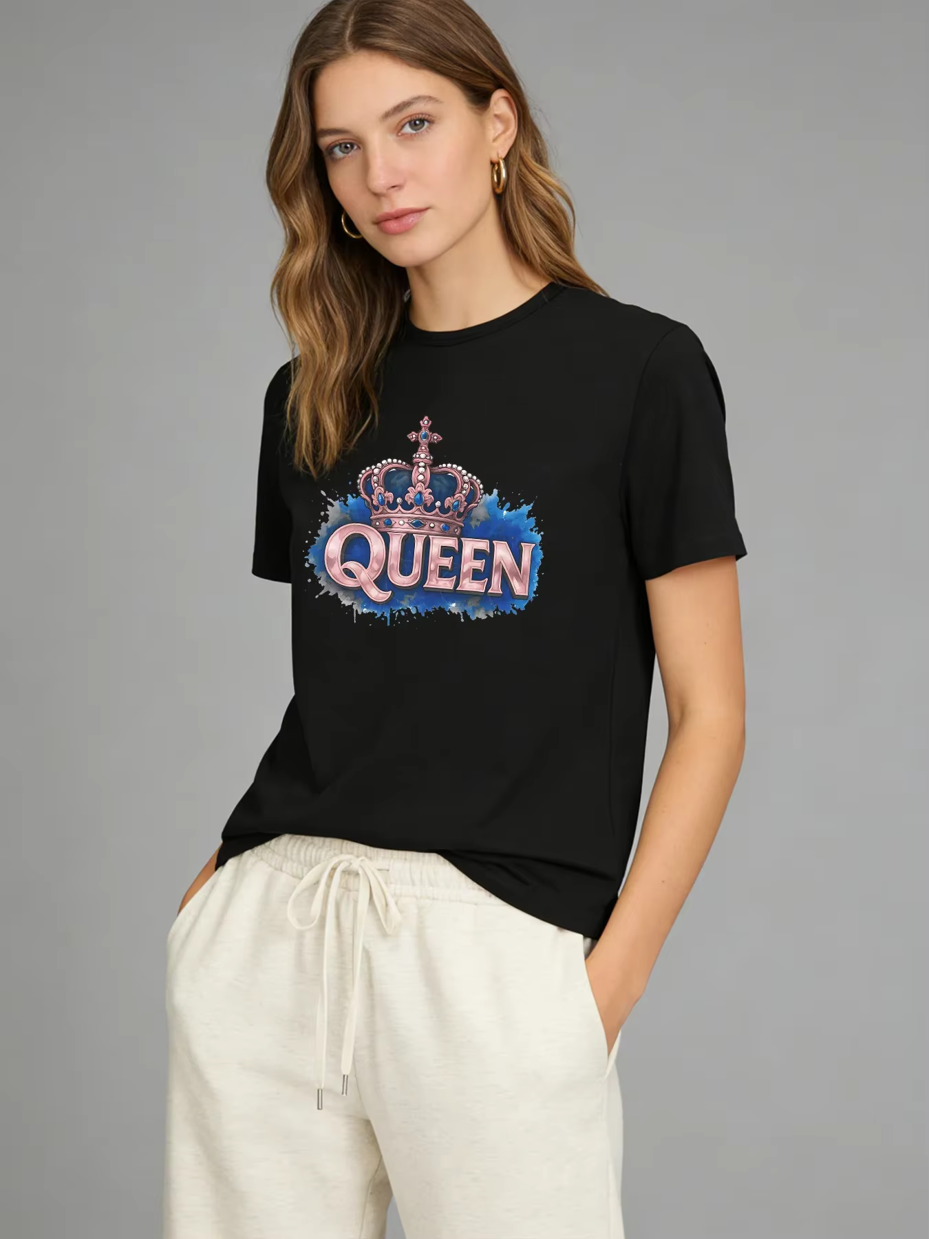 T-shirt Queen Crown pour femmes, rose et bleu, avec image graphique, décontracté, col rond, manches 