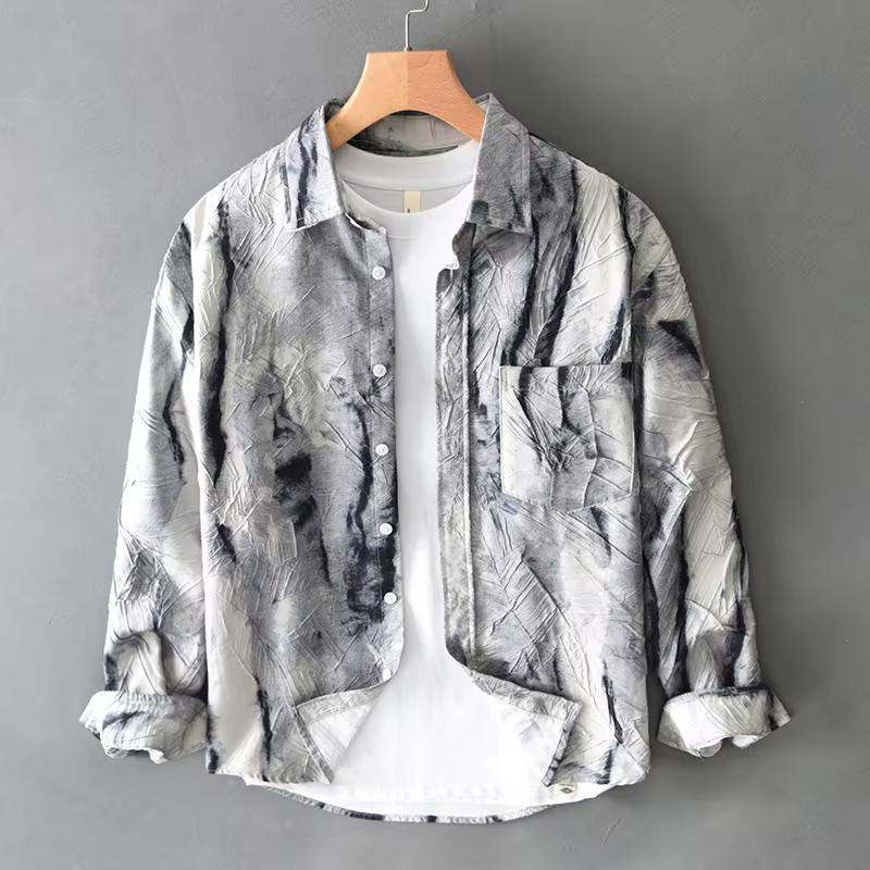 Chemise à manches longues pour hommes, texture pliable irrégulière, manteau ample, style ruffian Shu