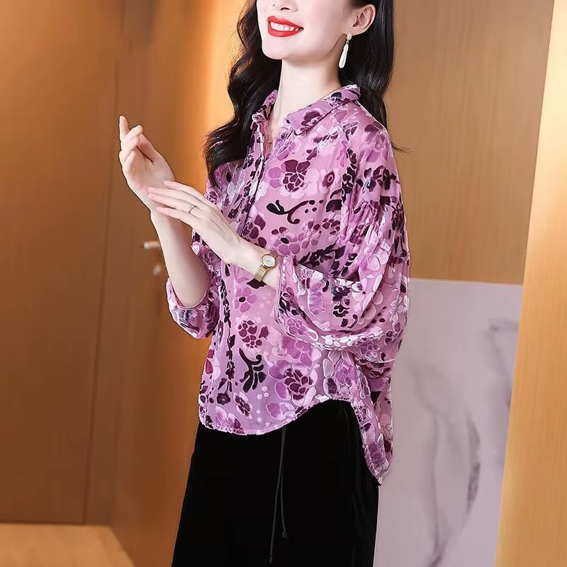 Chemise Vintage à Manches 3/4 pour Femme, Tissage Jacquard Irrégulier, Col Rabattu, Chemisier à lève