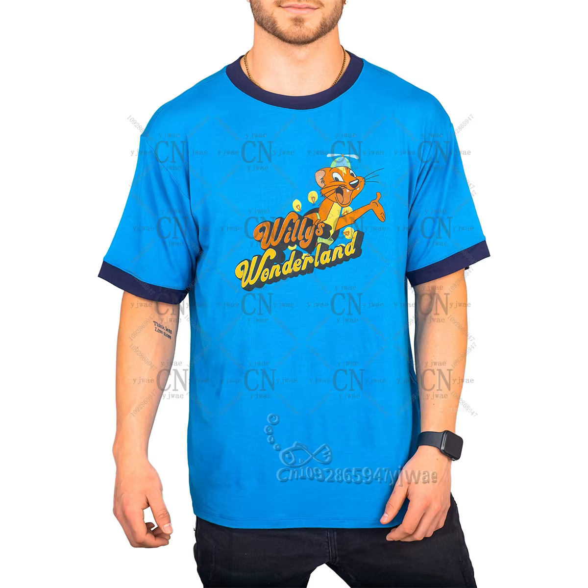 Willy's Wonderland The Janitor T-shirt bleu, reproduction du dessin animé, imprimé graphique, manche