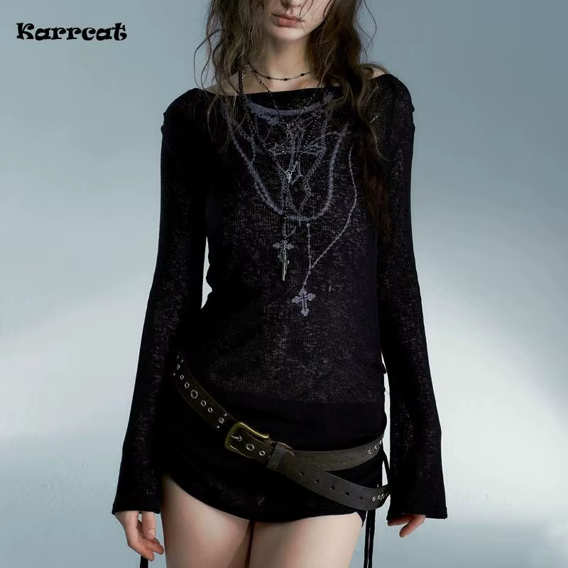 Karrcat Grunge esthétique tricoté hauts Vintage tatouage impression T-shirt Wasteland Punk noir côte