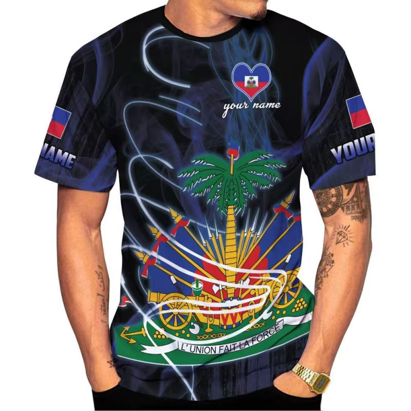 T-Shirt à motif d'emblème national d'haïti pour hommes, personnalisé, imprimé en 3D, décontracté, am