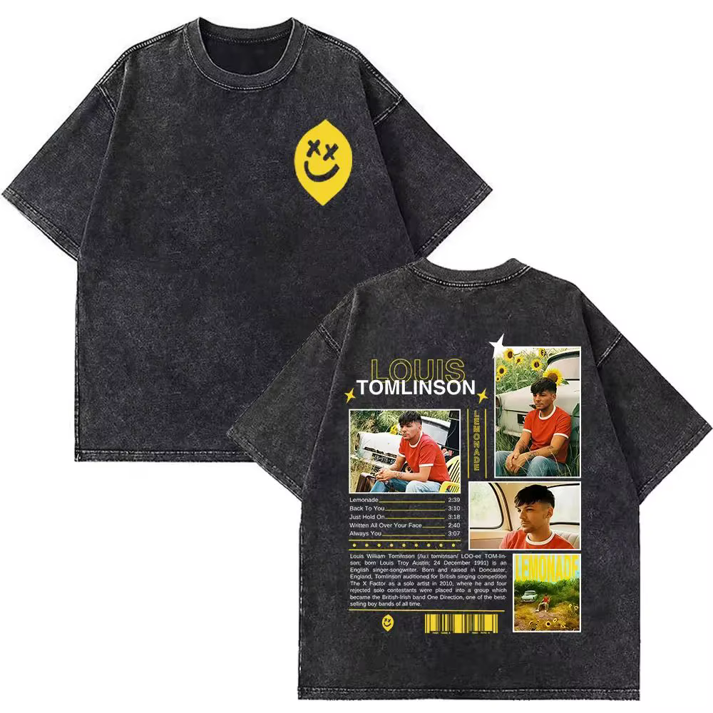 T-shirts vintage délavés Hip Hop, T-shirt imprimé album du rappeur Louis Tomlinson, T-shirts décontr