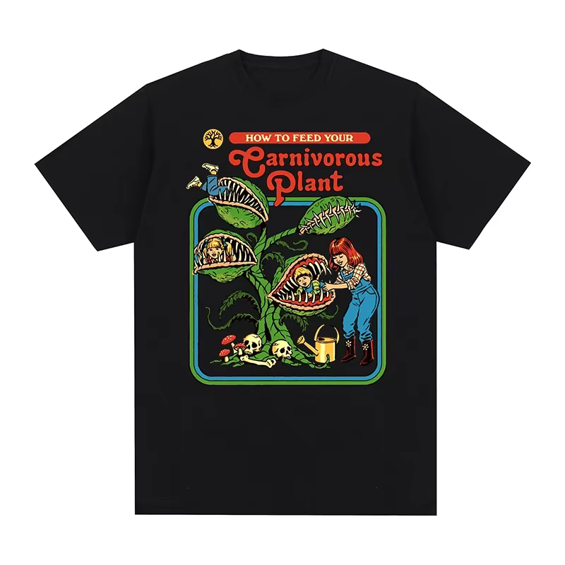 T-shirt Vintage Plante Carnivore en Coton Pur Respirant pour Homme, Nouvelle Mode Été, T-shirt Homme