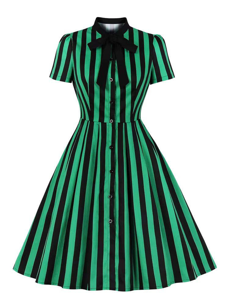 Tonval – Robe Vintage en coton pour femmes, tenue élégante à boutons, col en nœud papillon, rayures 