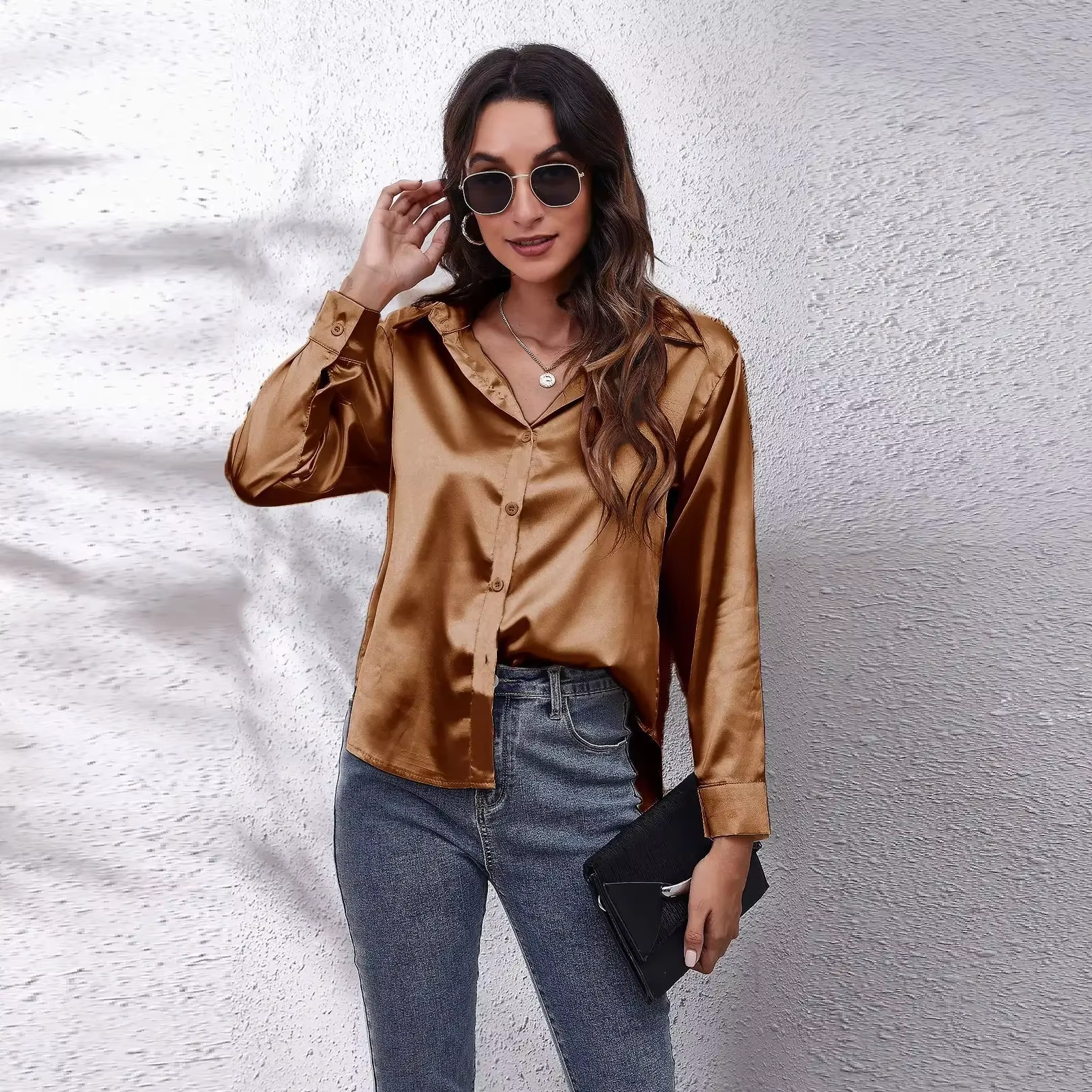 Chemise unie tendance pour femme à manches longues, col en V, en satin imitation soie, style urbain,