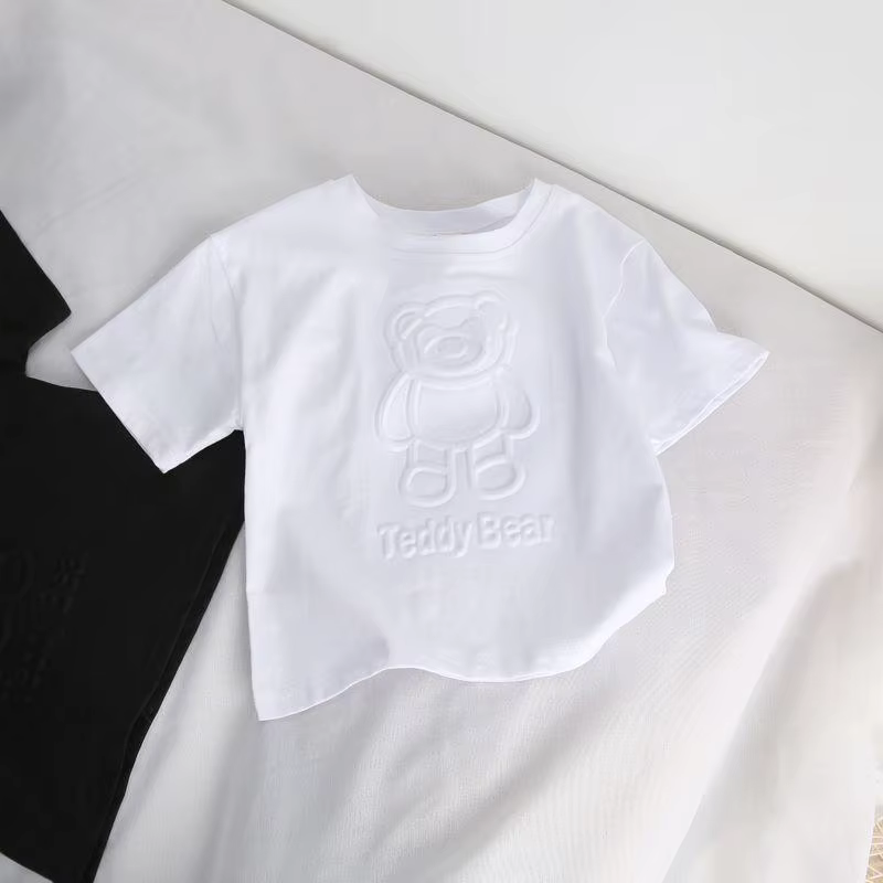 T-shirt imprimé ours mignon pour enfants, nouveaux vêtements d'été pour garçons et filles, hauts de 