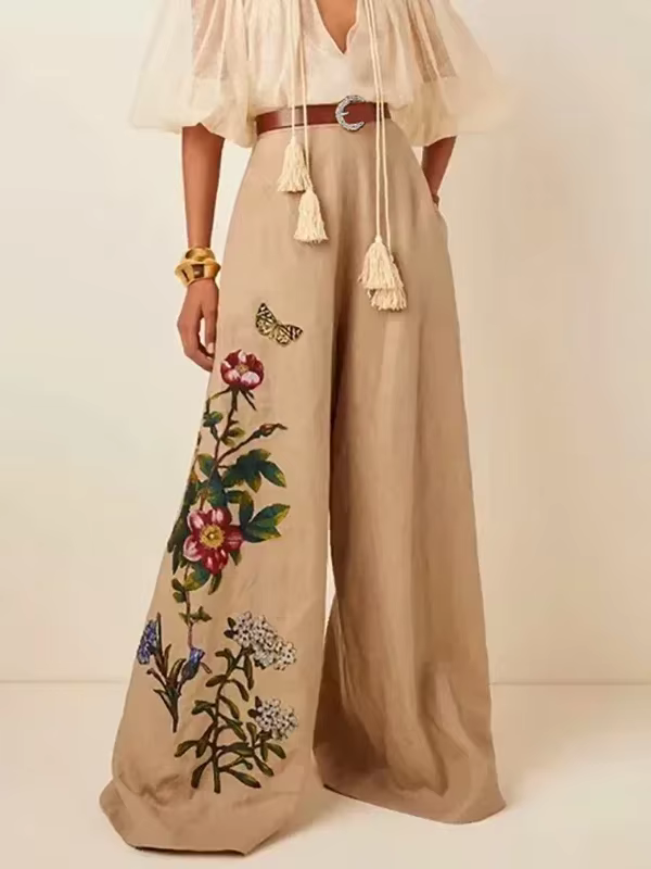 Modigirl femmes pantalons à jambes larges avec ceinture 2025 printemps été imprimé fleuri ample Vint