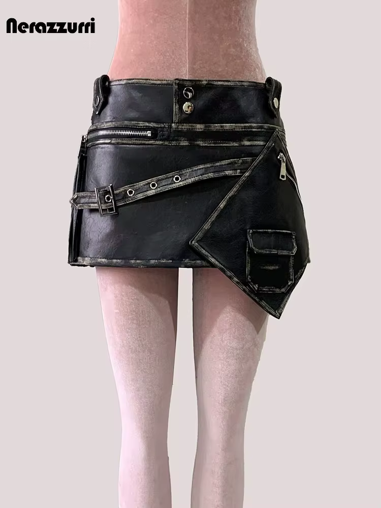 Mauroicardi été Cool en détresse noir Faux cuir Mini jupe asymétrique femme taille haute courte luxe