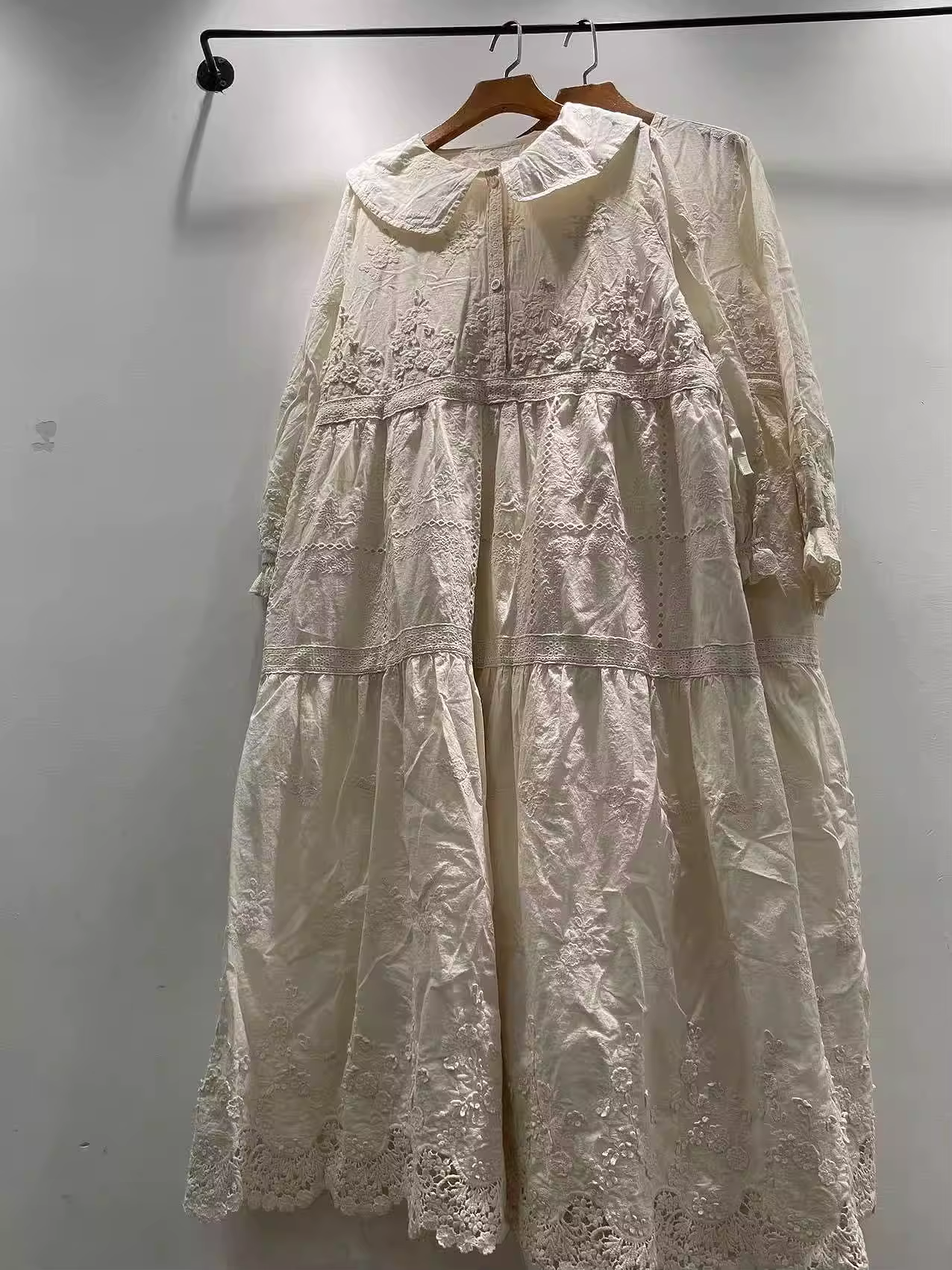 Vêtements Mori kei en pur coton, robe kawaii à col peter pan brodée en dentelle pour femmes, robe d'
