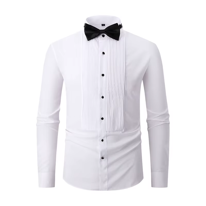 Chemise de smoking plissée sur le devant pour homme, à manches longues, pour mariage et cérémonie, p
